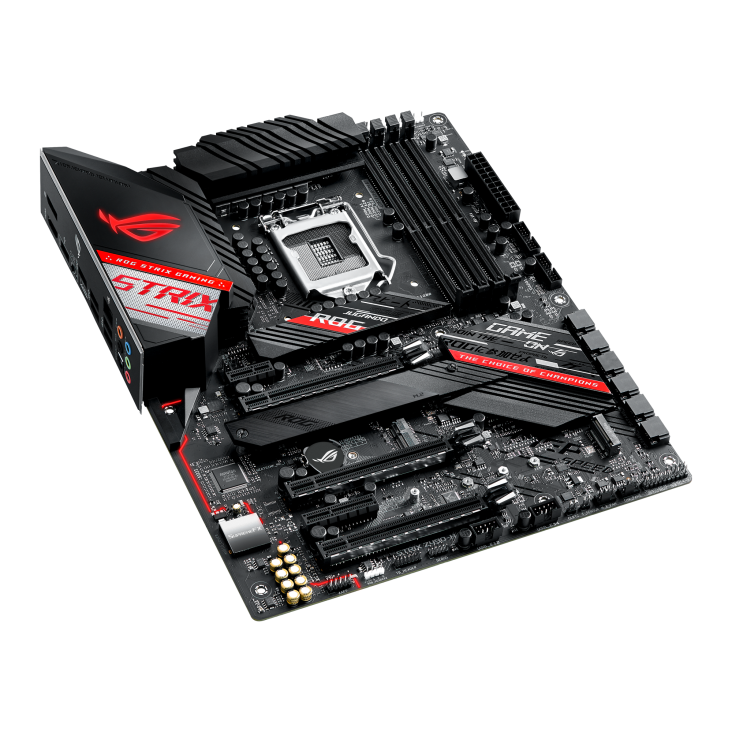 ROG STRIX Z490-H GAMING top and angled view from left