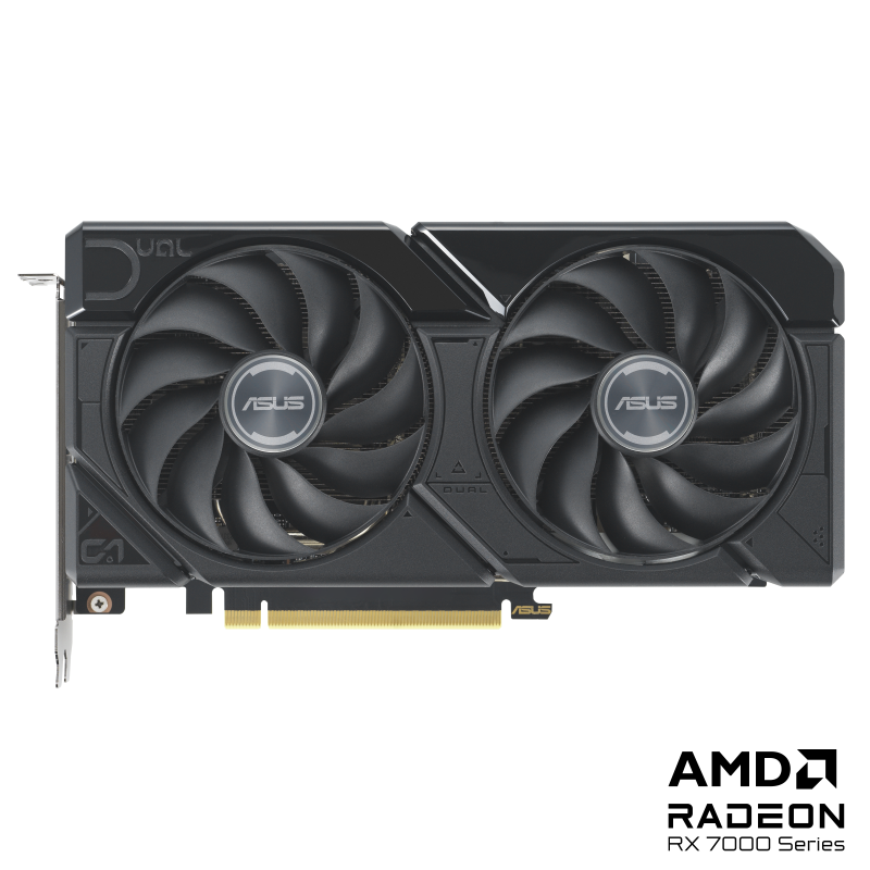 ASUS Dual Radeon RX 7600 XT front view black AMD logo