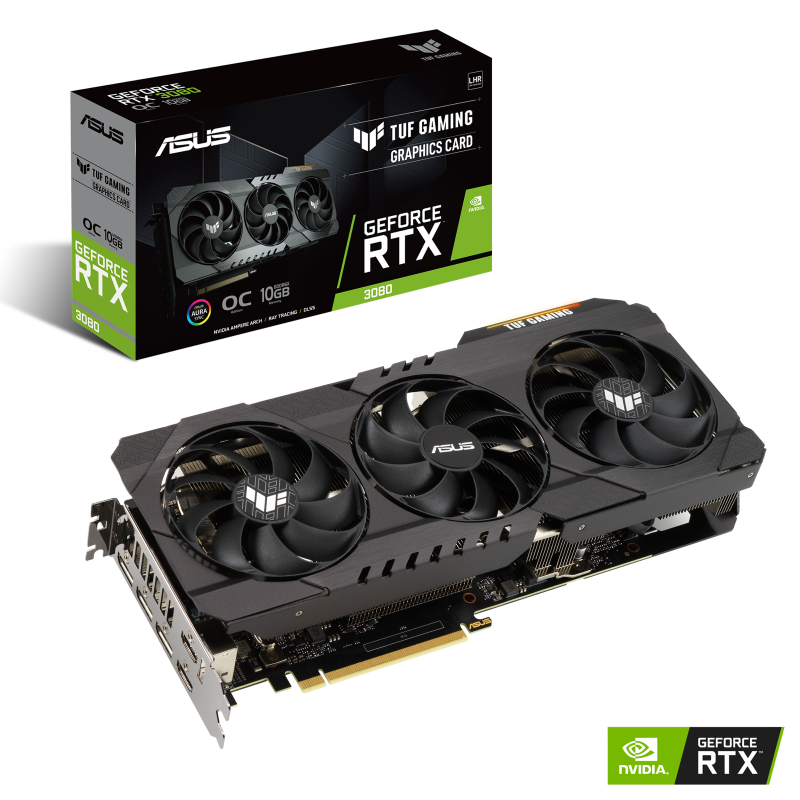 TUF Gaming GeForce RTX 3080 V2 OC edition Packaging and graphics card with NVIDIA logo