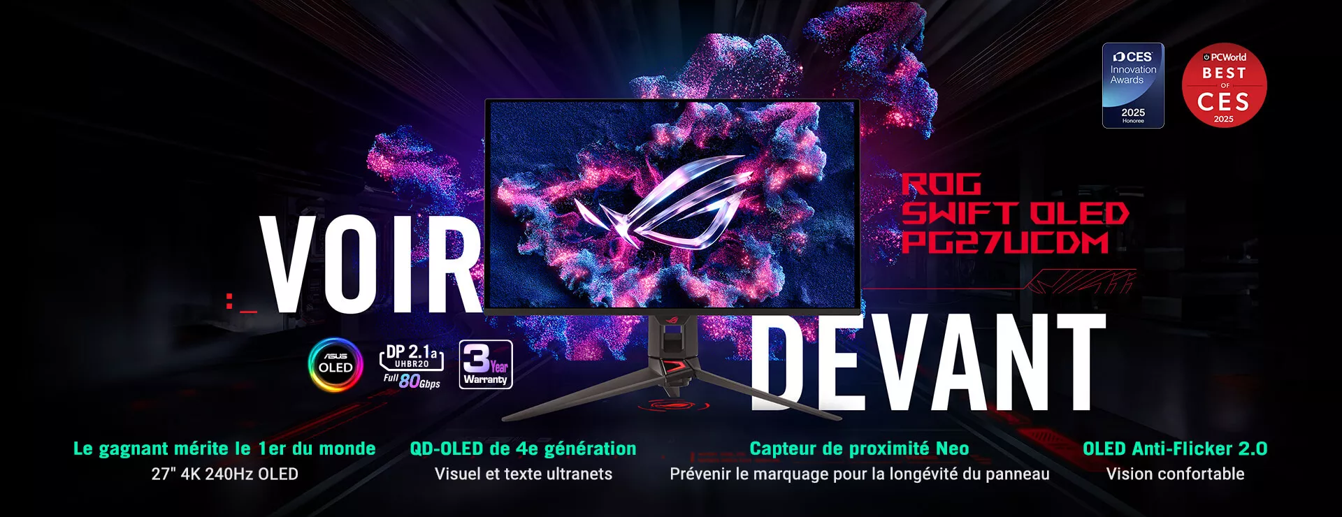 The ROG Swift OLED PG27UCDM monitor displaying vibrant, colorful graphics with the ROG logo at its center. The background features abstract, colorful elements with a tagline "SEE AHEAD" across the screen. At the bottom, there are icons and text indicating features such as "ASUS OLED," "DP 2.1a UHBR20 with full 80Gbps," and "3 Year Warranty."