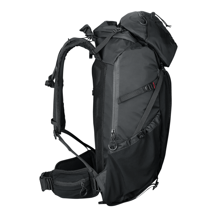 The side view of the ROG Archer ErgoAir Gaming Backpack showing adjustable straps and breathable mesh padding