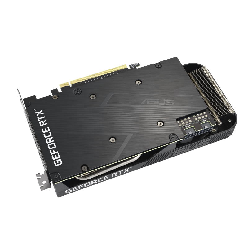 ASUS Dual GeForce RTX 3060 Ti OC edition graphics card, rear side angled view