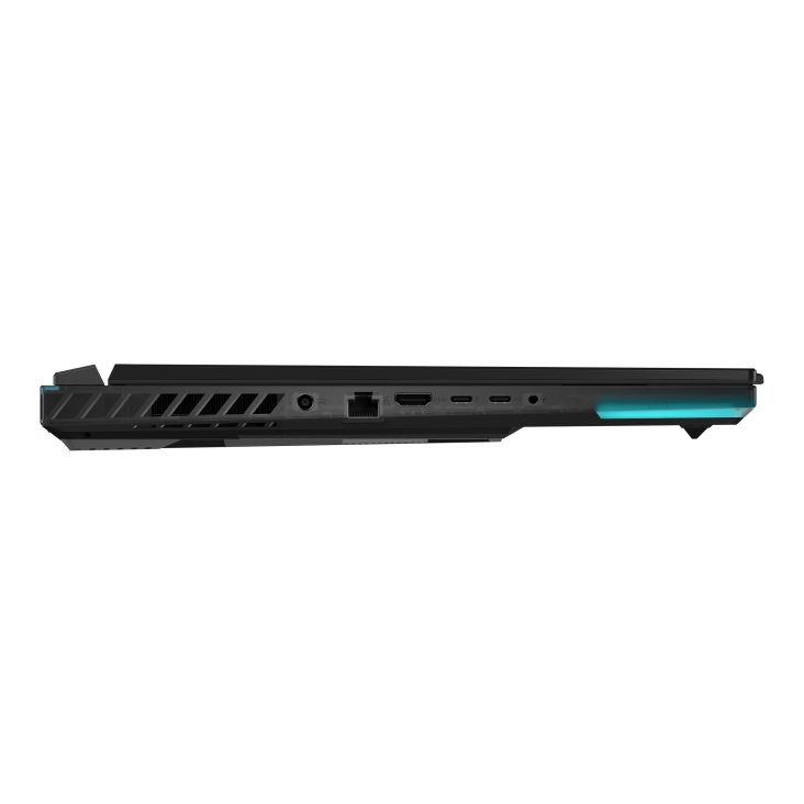 Profile view of the left side of the Strix SCAR 18, with DC power, HDMI, ethernet, two USB C ports, and a headphone jack visible