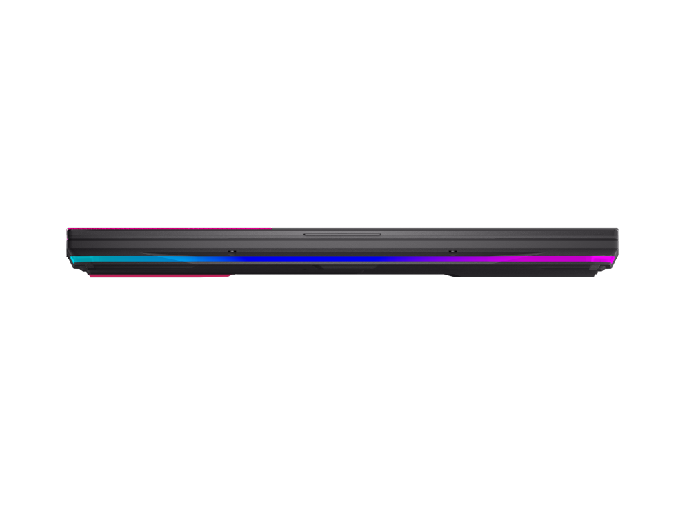 Profile view of the front of the Strix G15, with emphasis on the colored rubber feet and wrap around RGB lightbar.