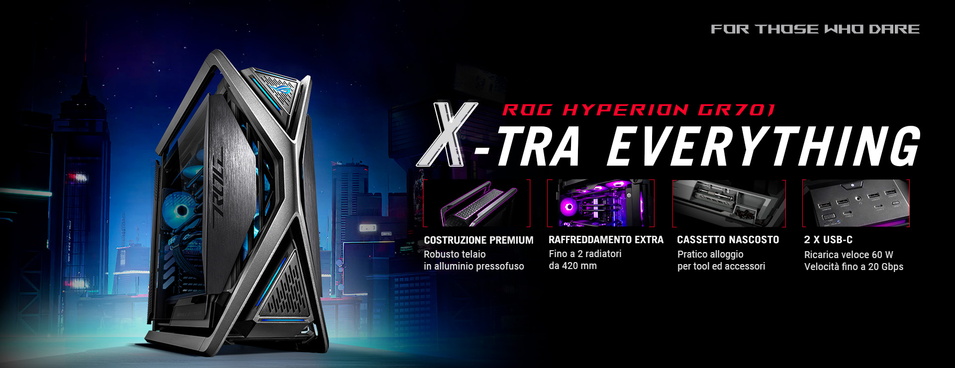 L'immagine mostra un case per PC, il ROG HYPERION GR701, con un design futuristico e robusto. A sinistra, c’è l'immagine del case in alluminio pressofuso.