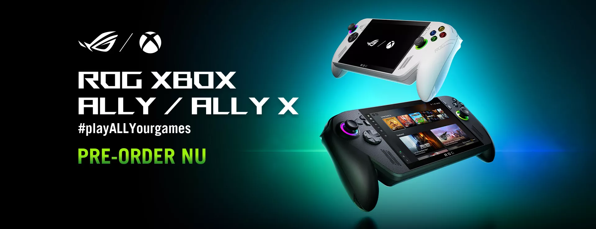 A white ROG Xbox Ally and a black Xbox Ally X