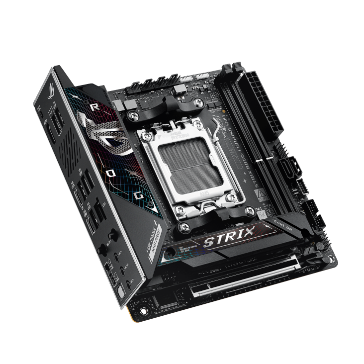 ROG STRIX B850-I GAMING WIFI top view, angled 45 degrees to the left