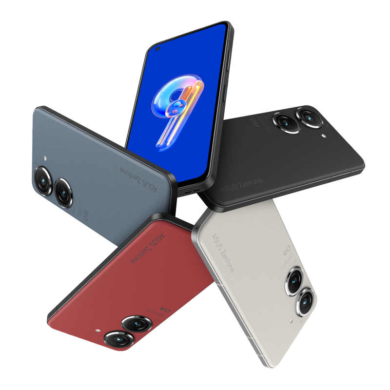 Five Zenfone 9 show the different colors and one shows the front