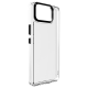 Transparent phone case angled 45 degrees to the right, showcasing a glossy finish and black button accents.