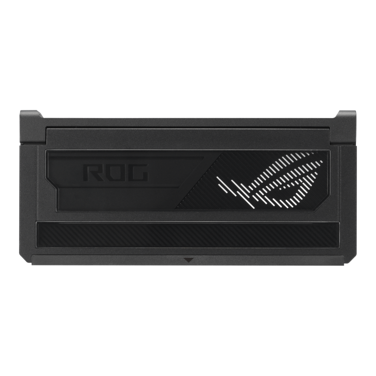 Close-up of a black ROG docking station showing USB, Ethernet, and HDMI ports