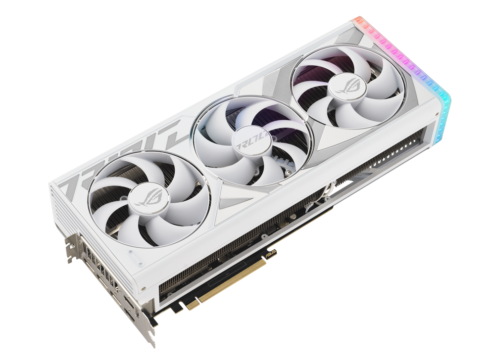 Front angled view of the ROG Strix GeForce RTX4090 White edition graphics card