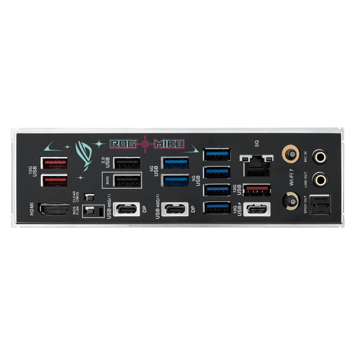ROG STRIX X870E-H GAMING WIFI7 HATSUNE MIKU EDITION I/O ports closeup