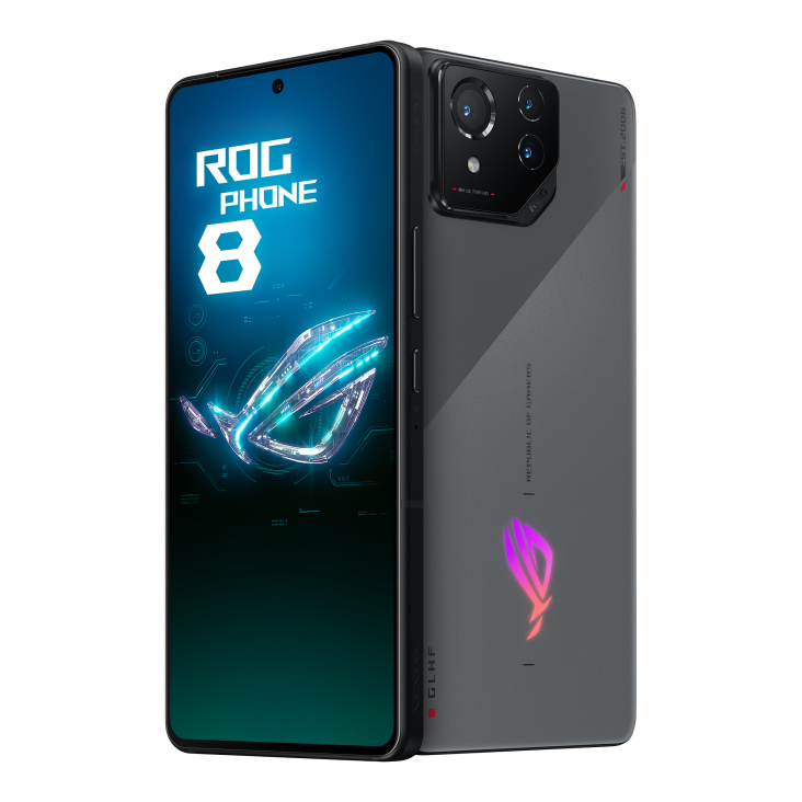 Two ROG Phone 8 in Rebel Grey angled view from both front and back, tilting at 45 degrees