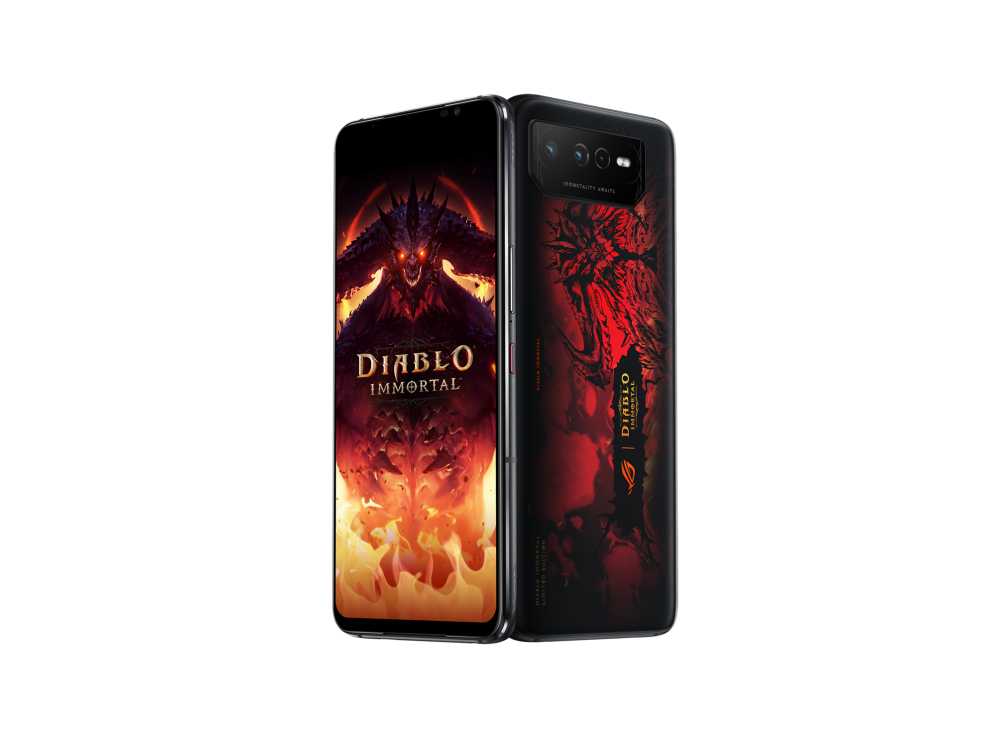 6 Diablo Immortal Edition in hellfire red angled view from both front and back, tilting at 45 degrees​