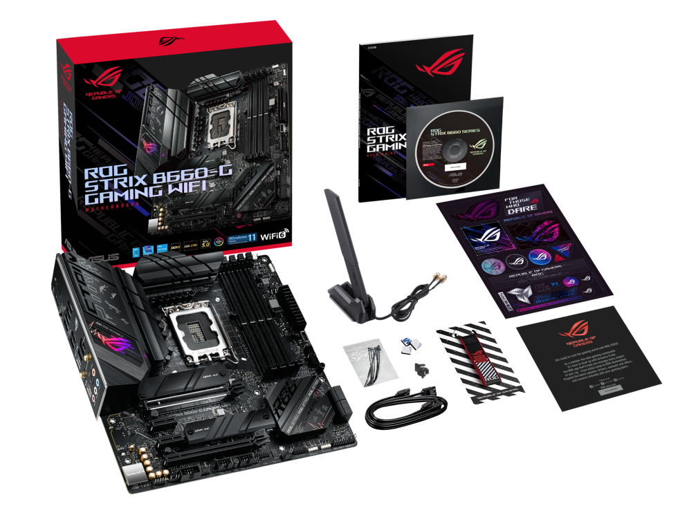 ROG STRIX B660-G GAMING WIFI top view with what’s inside the box