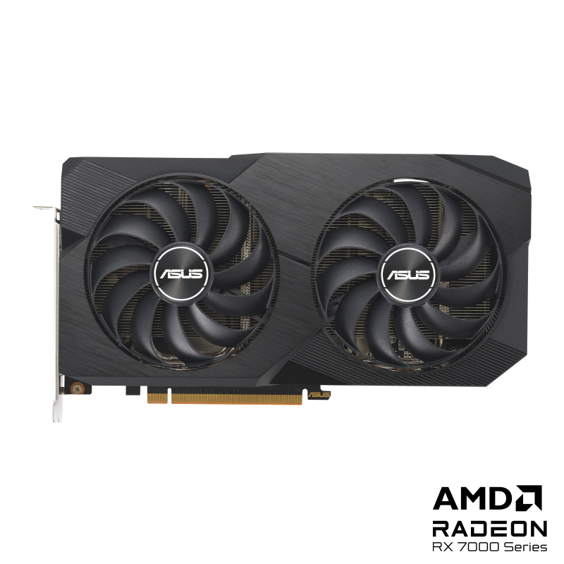 ASUS Dual Radeon RX 7600 front view of the with black AMD logo