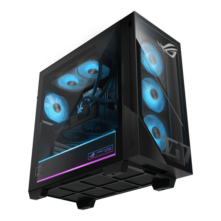 The ROG G700 desktop is tilted to the right and viewed from below, with a transparent case revealing the internal structure of the computer