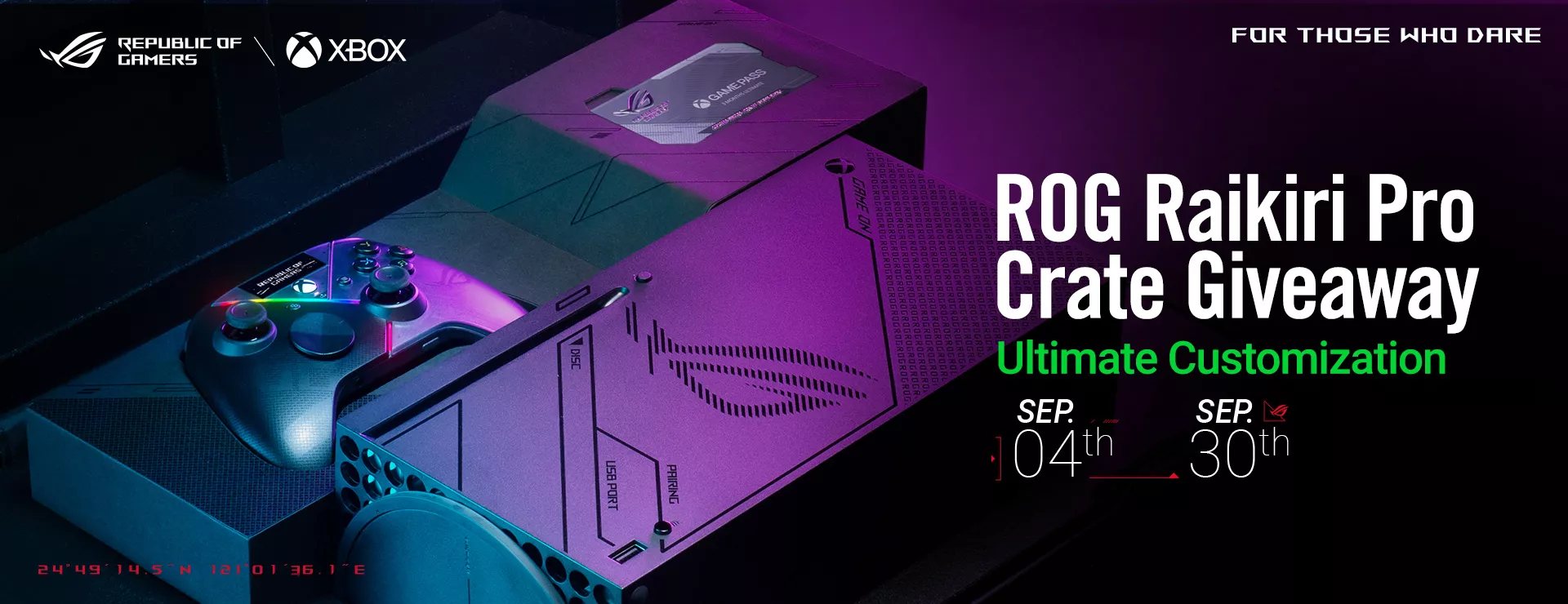 The unboxing view of ROG Raikiri Pro Crate, with ROG Raikiri Pro, custom Xbox series X and ultimate game pass card inside