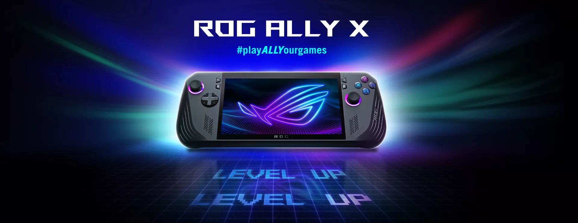 ROG Ally X gaming handheld illuminated with colorful lights and 'LEVEL UP' text on a digital grid background.