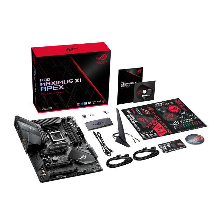 ROG MAXIMUS XI APEX top view with what’s inside the box