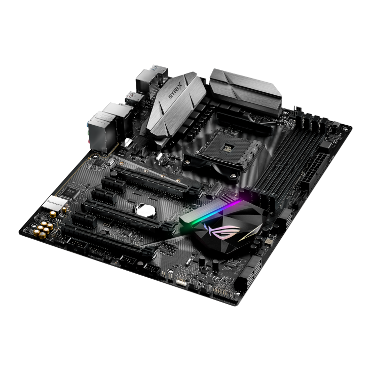 ROG STRIX B350-F GAMING top and angled view from right