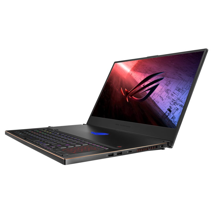 Off centered front view of a Zephyrus S17 with the ROG fearless eye logo on screen.