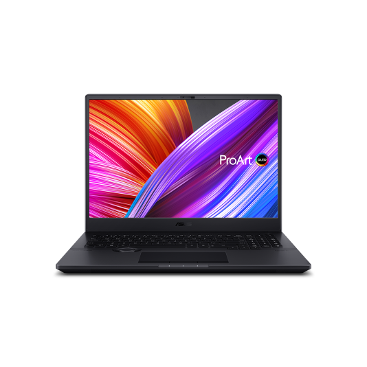 Una vista frontal de un ASUS ProArt Studiobook en modo portátil con un patrón de cinta de colores que se muestra en la pantalla.