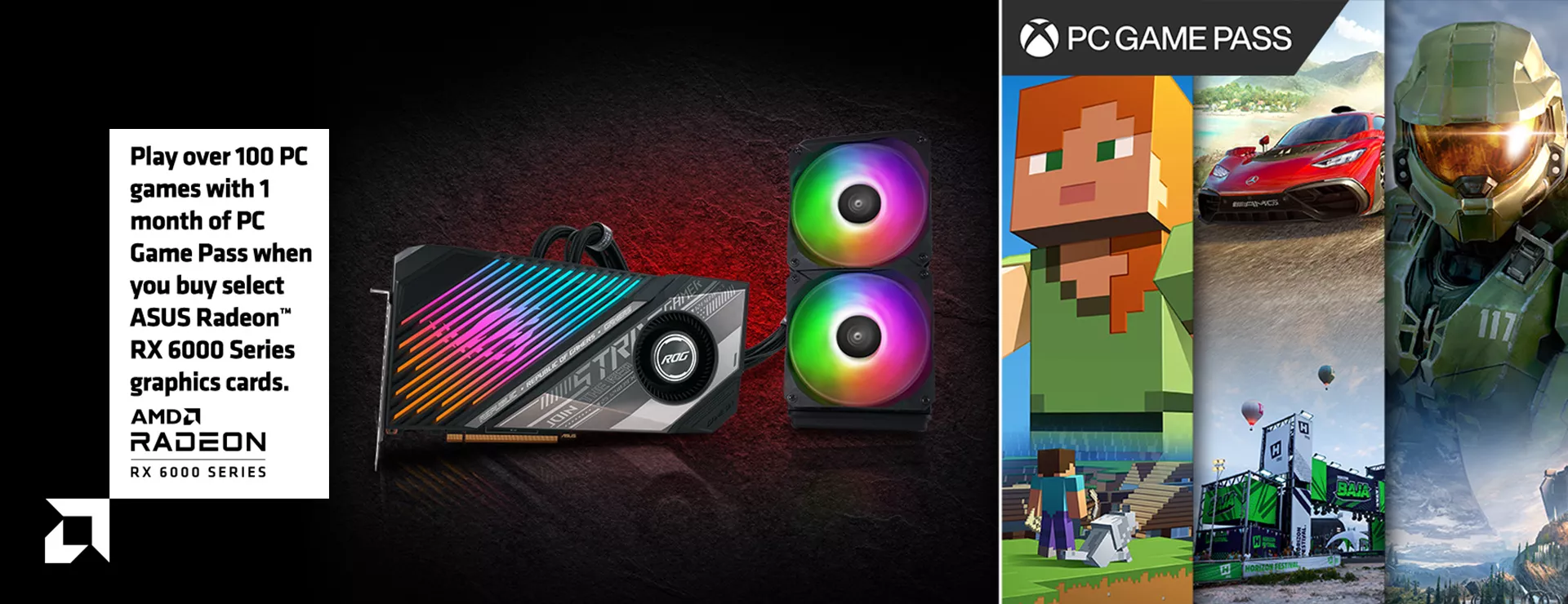 Front angle of ROG Strix LC Radeon RX 6950 XT OC Edition with game screenshot of Minecraft, Forze Horizon 5, and Halo Infinite