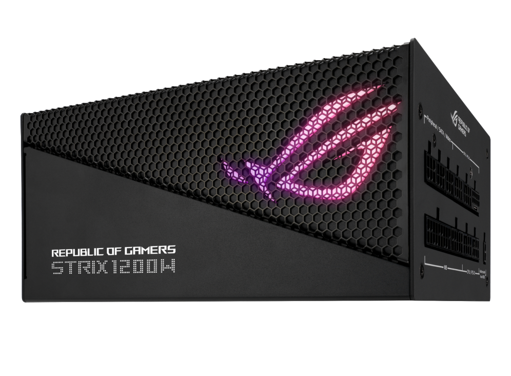 Front-side angle of ROG Strix 1200W Gold Aura Edition with light effect