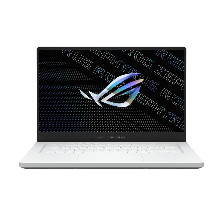 Front view of a white Zephyrus G15, with the ROG logo visible on screen.