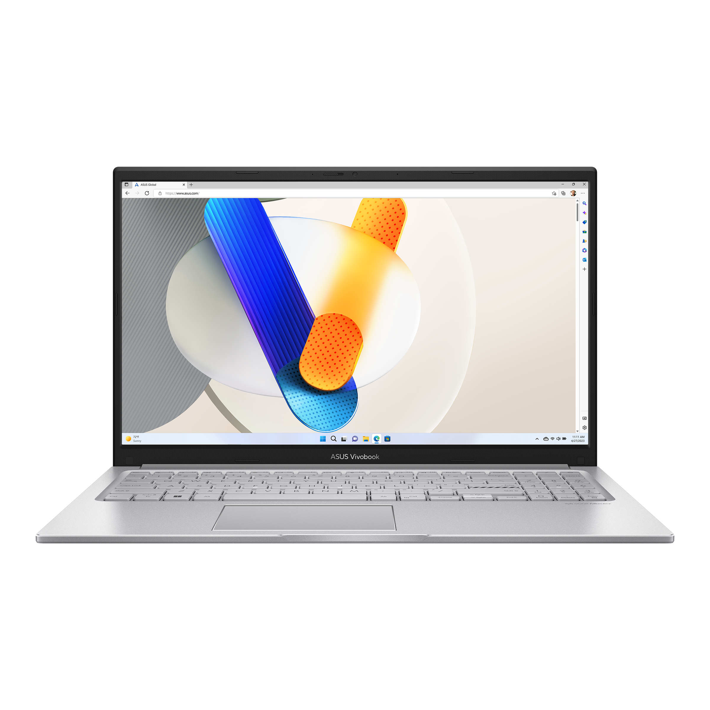 ASUS Vivobook 15 opened from the front view with JS wallpaper.