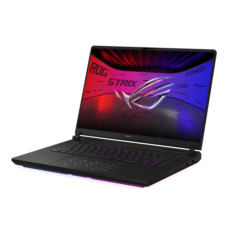 Off center shot of the front of the Strix SCAR 16, with the ROG Fearless Eye logo on screen