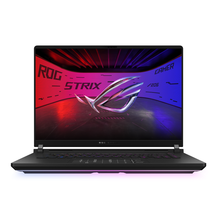 Front view of the Strix SCAR 16, with the ROG Fearless Eye logo visible on screen and the keyboard visible