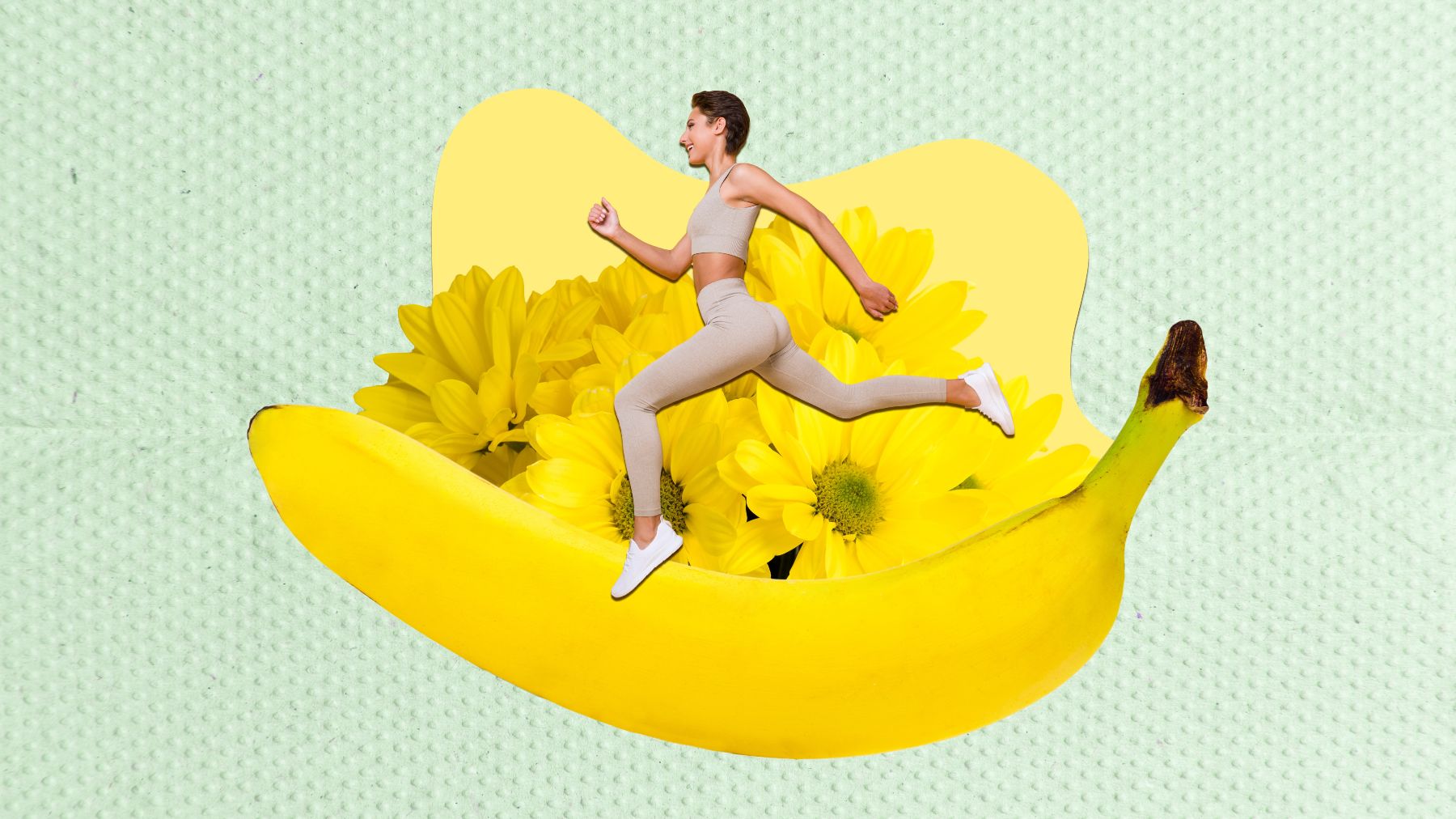 A surreal collage featuring a woman in activewear running across a giant banana filled with bright yellow flowers, set against a textured light green background in a creative fitness concept.