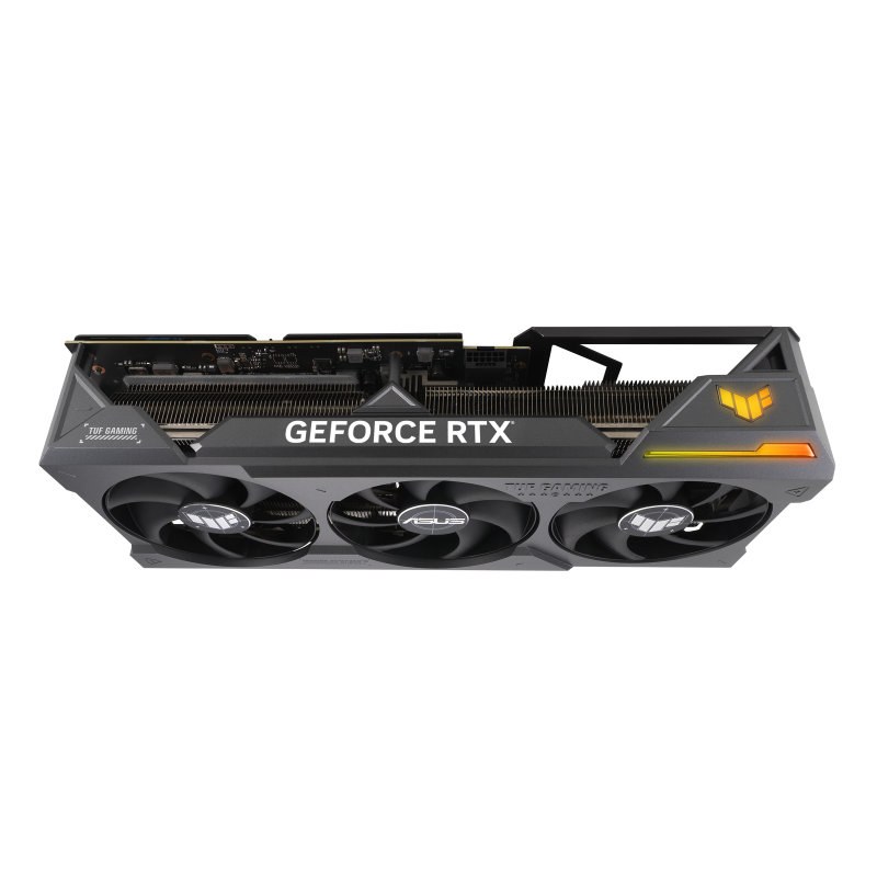 Angled top view of the TUF Gaming GeForce RTX 4090 graphics card showing off the ARGB and 3.65-slot