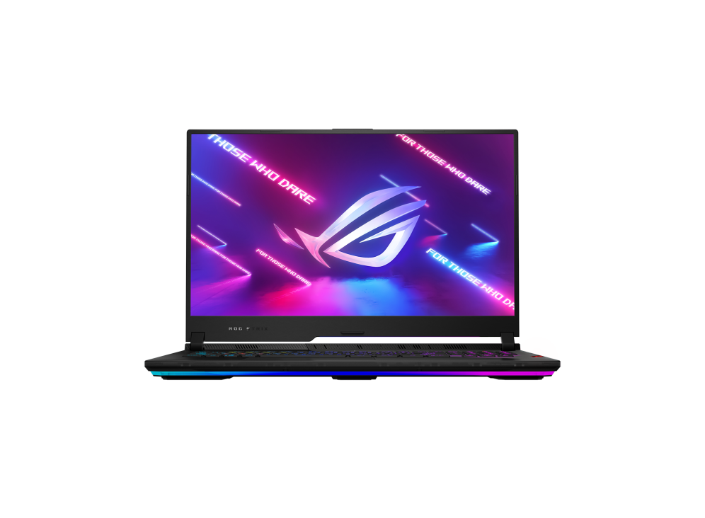Off center front view of the ROG Strix SCAR 17, with the NumberPad and keyboard illuminated and ROG logo on screen.