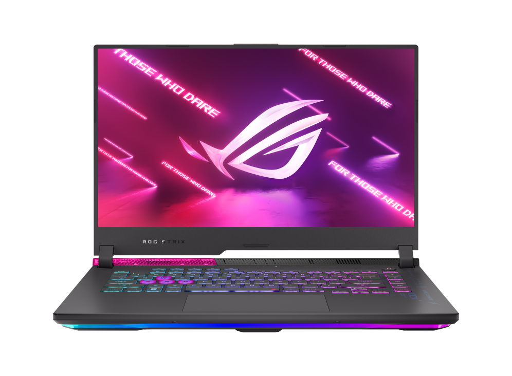 Front view of the Strix G15, with ROG logo on screen and pink RDG WASD keys illuminated.