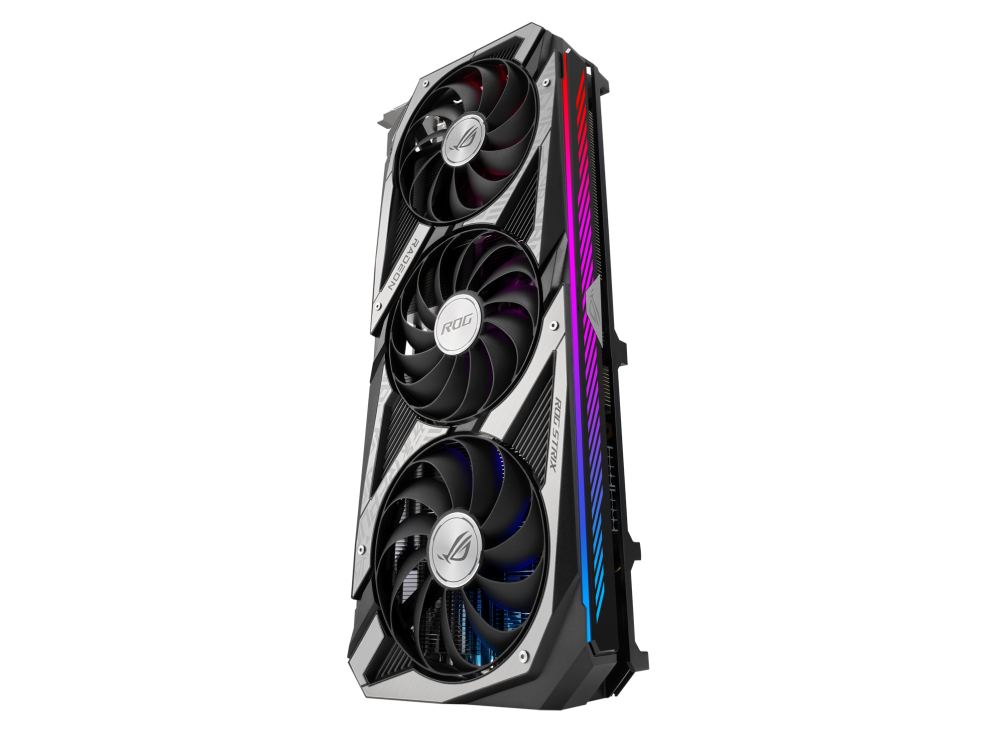 ROG Strix Radeon™ RX 6750 XT OC Edition graphics card, hero shot, standing up, highlighting the ARGB element