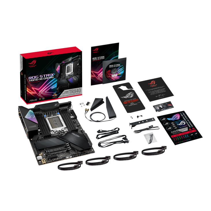 ROG STRIX TRX40-XE GAMING top view with what’s inside the box