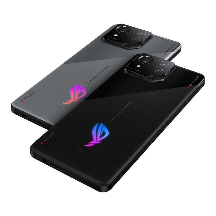 Two ROG Phone 8 in both Phantom Black and Rebel Grey angled view from back