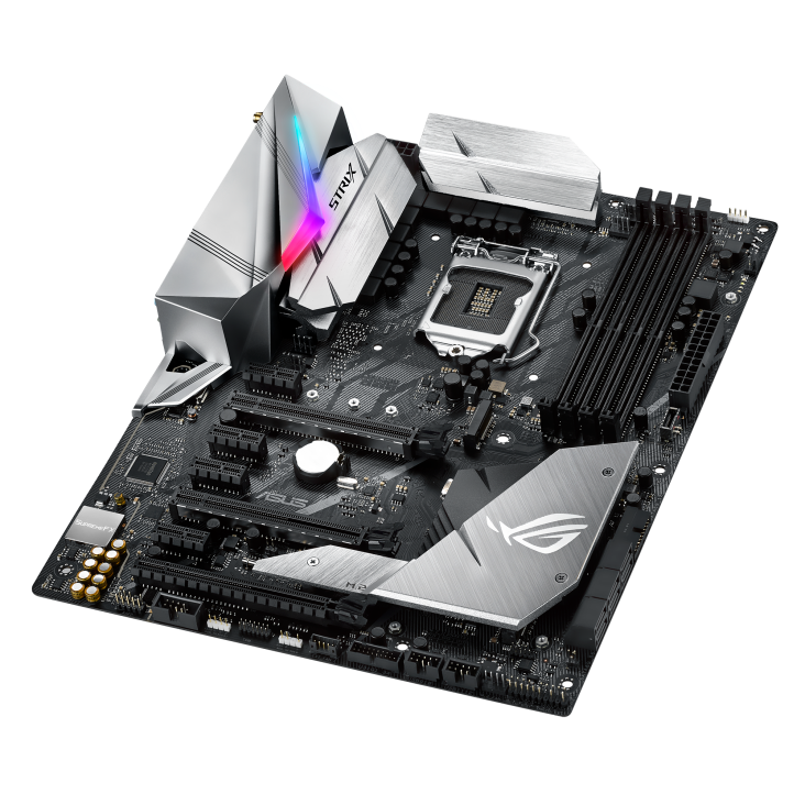 ROG STRIX Z370-E GAMING top and angled view from right