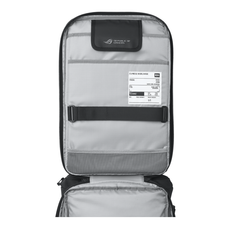 The lid of the main compartment of the ROG Archer Weekender 17 with ROG styling visible