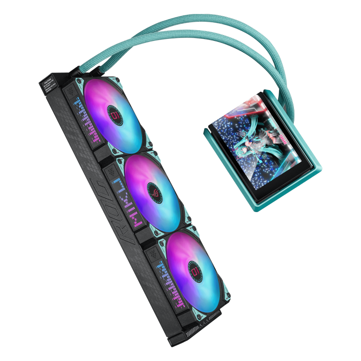 Angled shot of ROG Ryuo IV 360 ARGB Miku Edition highlighting the LCD screen and signature Miku color scheme