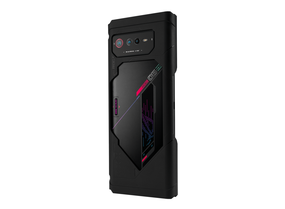 ROG Phone 6 with a ROG Kunai 3 Gamepad Bumper angled view from back