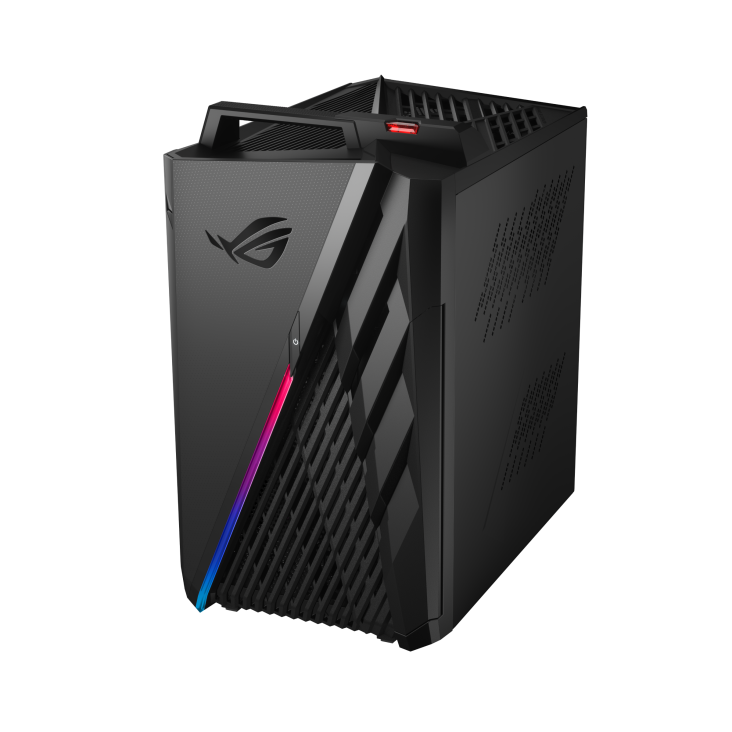 The ROG Strix GT35 desktop is tilted to the left