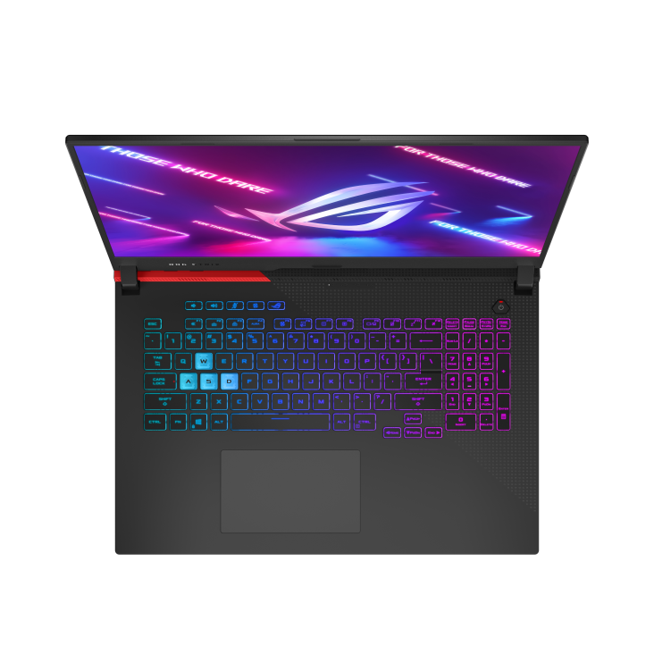 Top down view of the Original Black ROG Strix G17, with keyboard illuminated and ROG logo on screen.