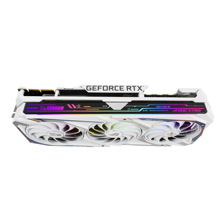 ROG-STRIX-GeForce-RTX-3090-GUNDAM-EDITION graphics card, top view, highlighting the ARGB element