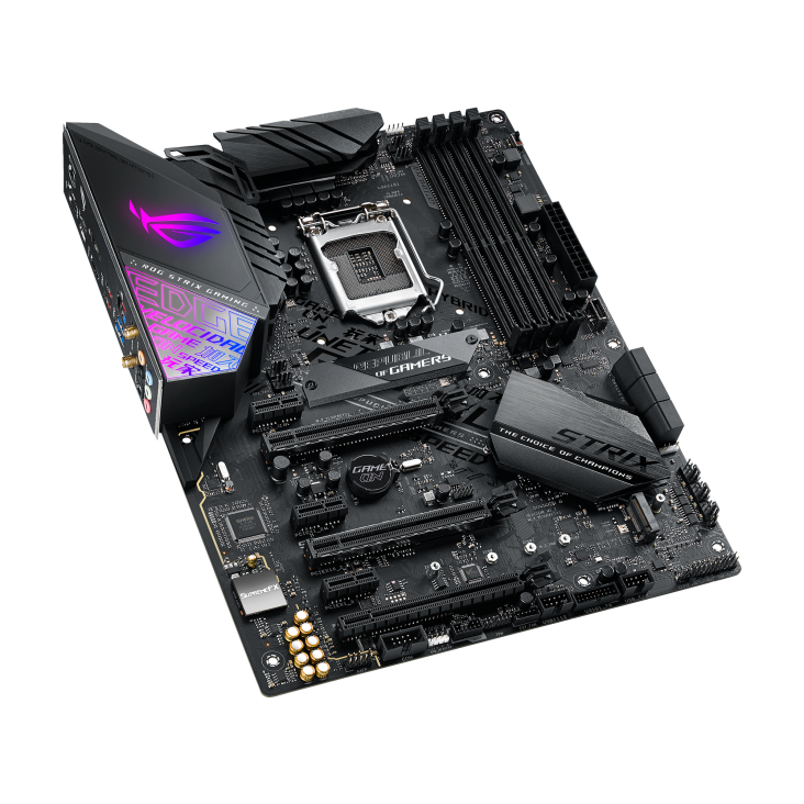 ROG STRIX Z390-E GAMING top and angled view from left