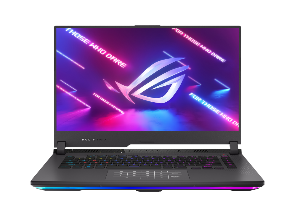 Front view of the Strix G15, with ROG logo on screen and RGB illuminated.
