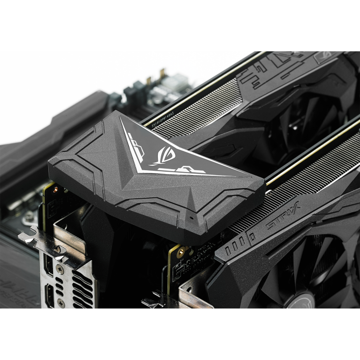 ROG SLI High-Bandwidth Bridge connected to two graphics cards, top view